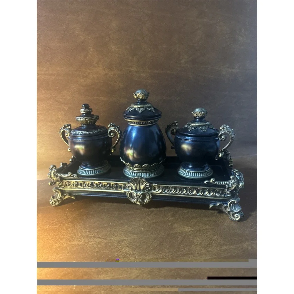 Hollywood Regency Resin Inkwell & Urn Vanity Tray 4pc Set Black Gold Decor